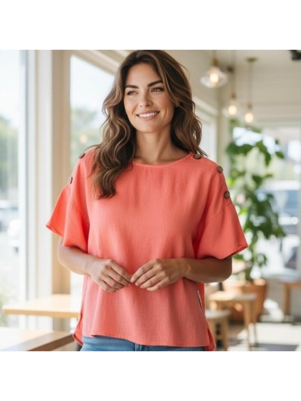 Ellen Tracy Coral Button-Shoulder Blouse